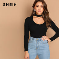 SHEIN Highstreet Black V-Cut Neck Ribbed Knit Pullovers Plain Long Sleeve Tee 2018 Autumn Casual Women Modern Lady Tshirt Top