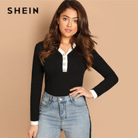 SHEIN Black Contrast Buttoned V-Neck Ribbed T-shirt Long Sleeve Plain Minimalist Tee 2018 Autumn Casual Women Tshirt Top