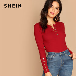 SHEIN Highstreet Red Button Detail Form Fitted V Neck Plain Placket T-shirt 2018 Autumn Casual Women Modern Lady Tshirt Top