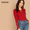 SHEIN Highstreet Red Button Detail Form Fitted V Neck Plain Placket T-shirt 2018 Autumn Casual Women Modern Lady Tshirt Top