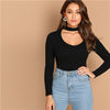 SHEIN Highstreet Black V-Cut Neck Ribbed Knit Pullovers Plain Long Sleeve Tee 2018 Autumn Casual Women Modern Lady Tshirt Top